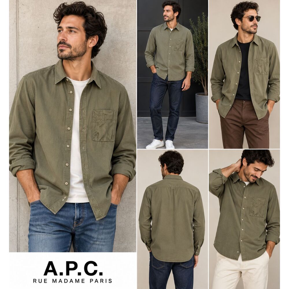 A.P.C. Rue Madame Paris Men's Shirt M Olive Green 100% Cotton Long Sleeve